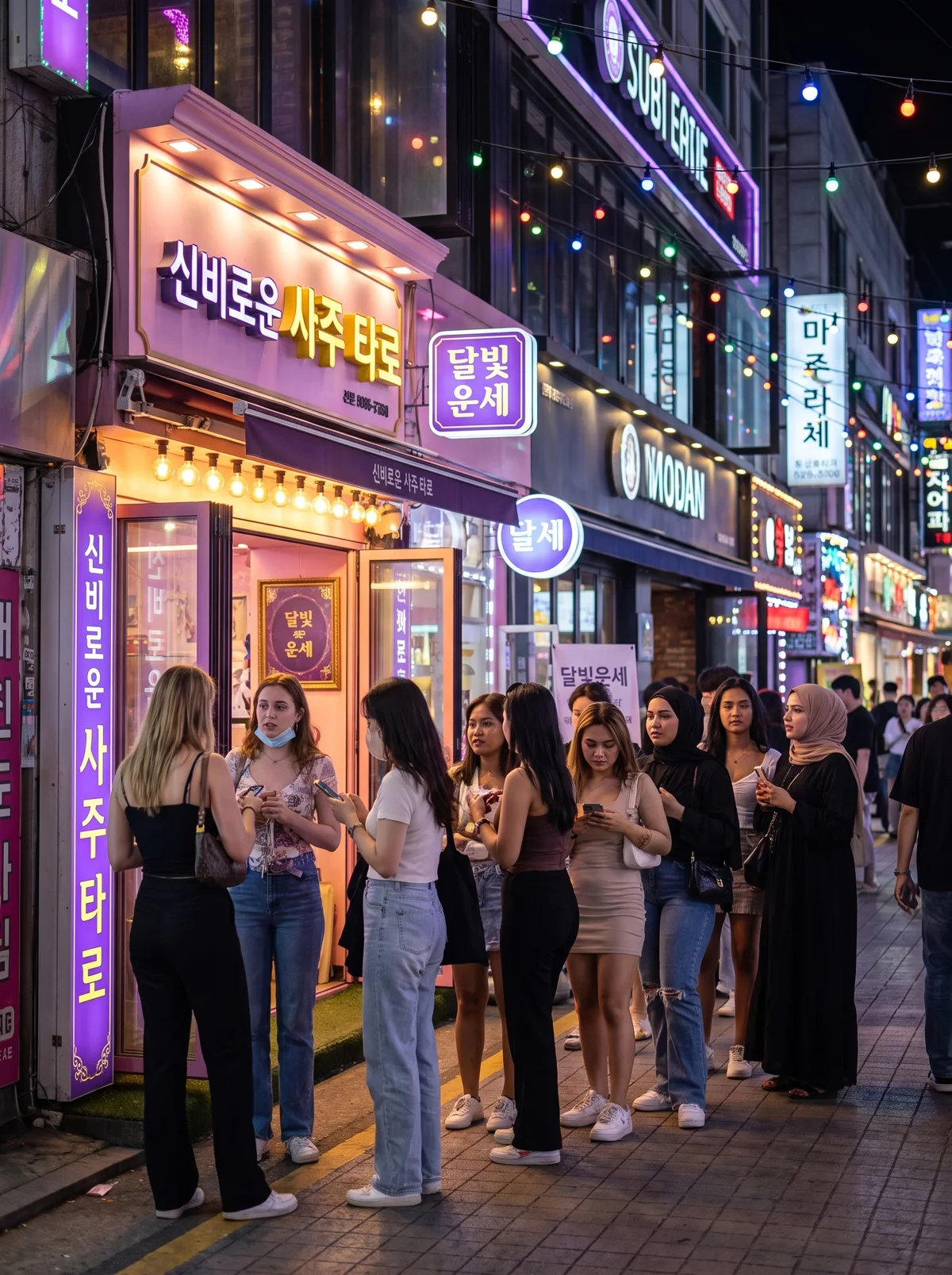 A diverse international line of visitors waiting outside a neon-lit saju and tarot storefront on a busy Hongdae street in Seoul at night